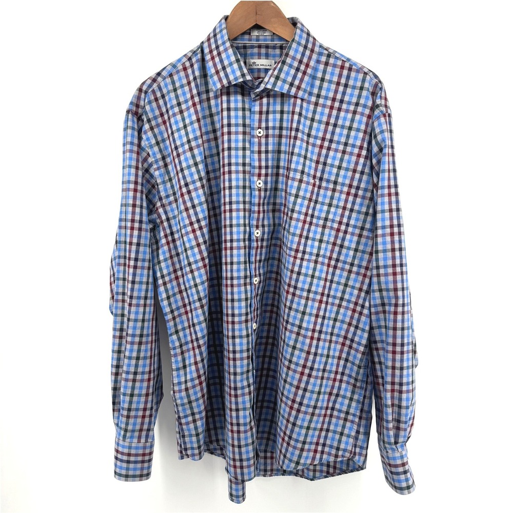 Peter Millar Button Down Men XL Blue Plaid Long Sleeve Shirt Business Profession